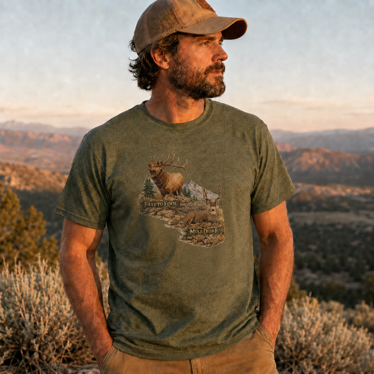 Mule Deer/Elk Hunting T-Shirt "Easy to Fool, Mule Deer Rule" Tee