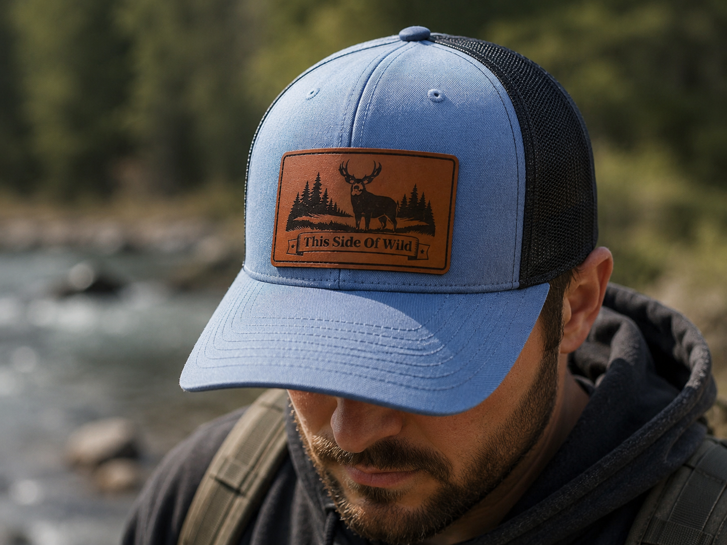 Mule Deer Trucker Hat "This Side of Wild" Mule Deer Leather Patch Cap