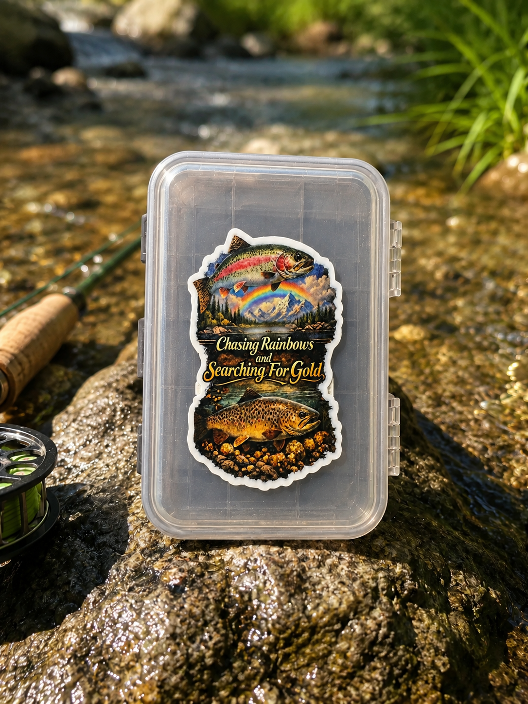 Fishing Waterproof/Vinyl Decal 4" Chasing Rainbows and Searching for Gold Fish Sticker