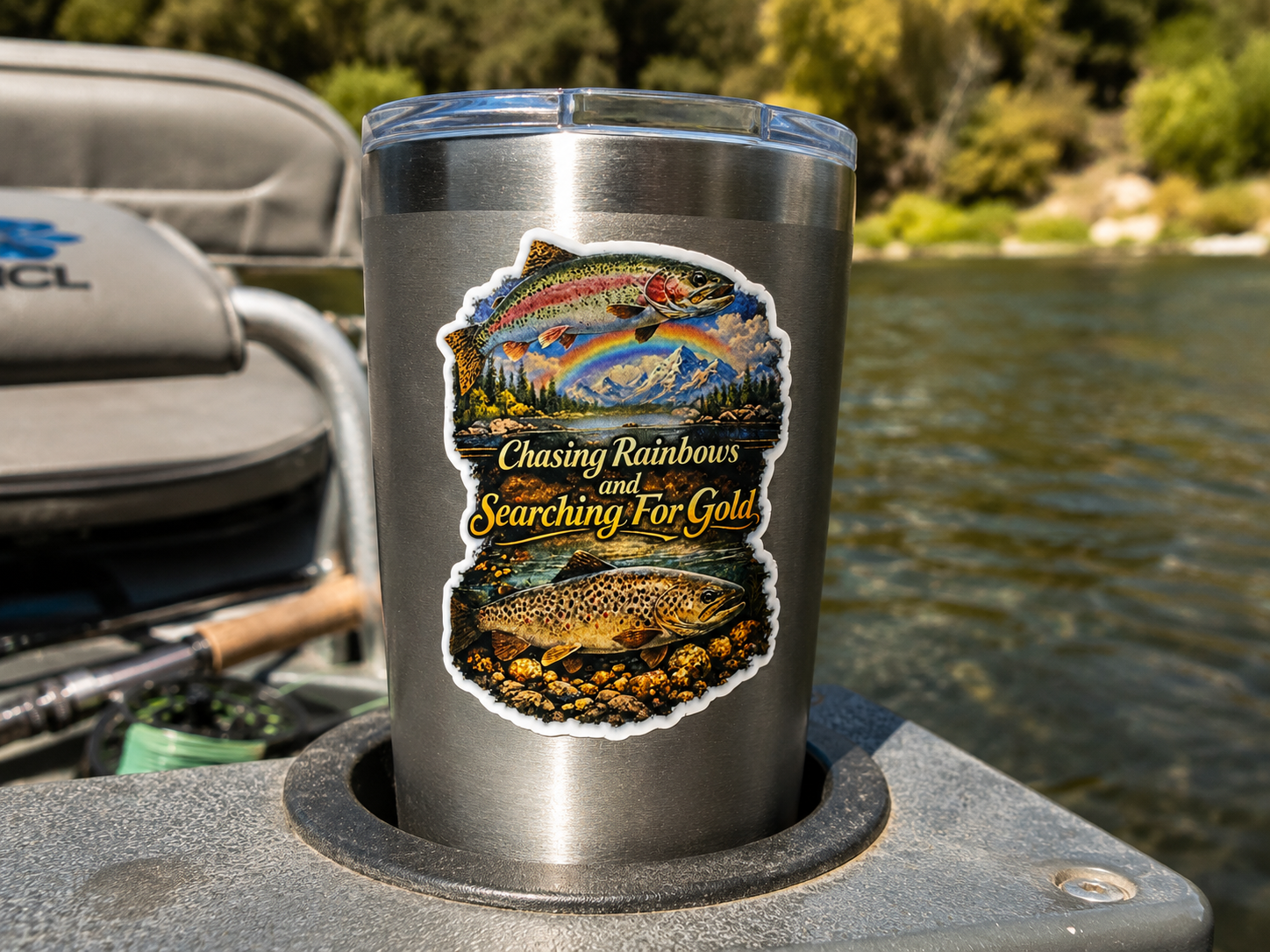 Fishing Waterproof/Vinyl Decal 4" Chasing Rainbows and Searching for Gold Fish Sticker