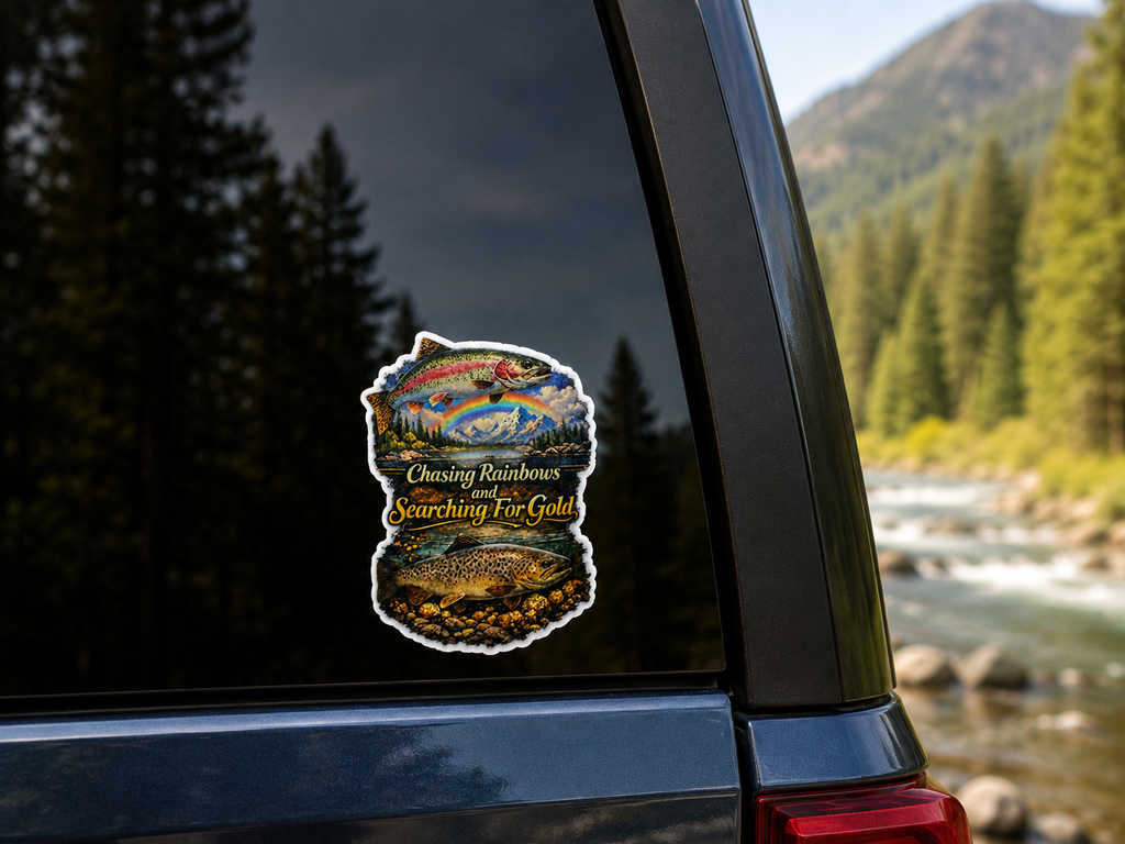 Fishing Waterproof/Vinyl Decal 4" Chasing Rainbows and Searching for Gold Fish Sticker