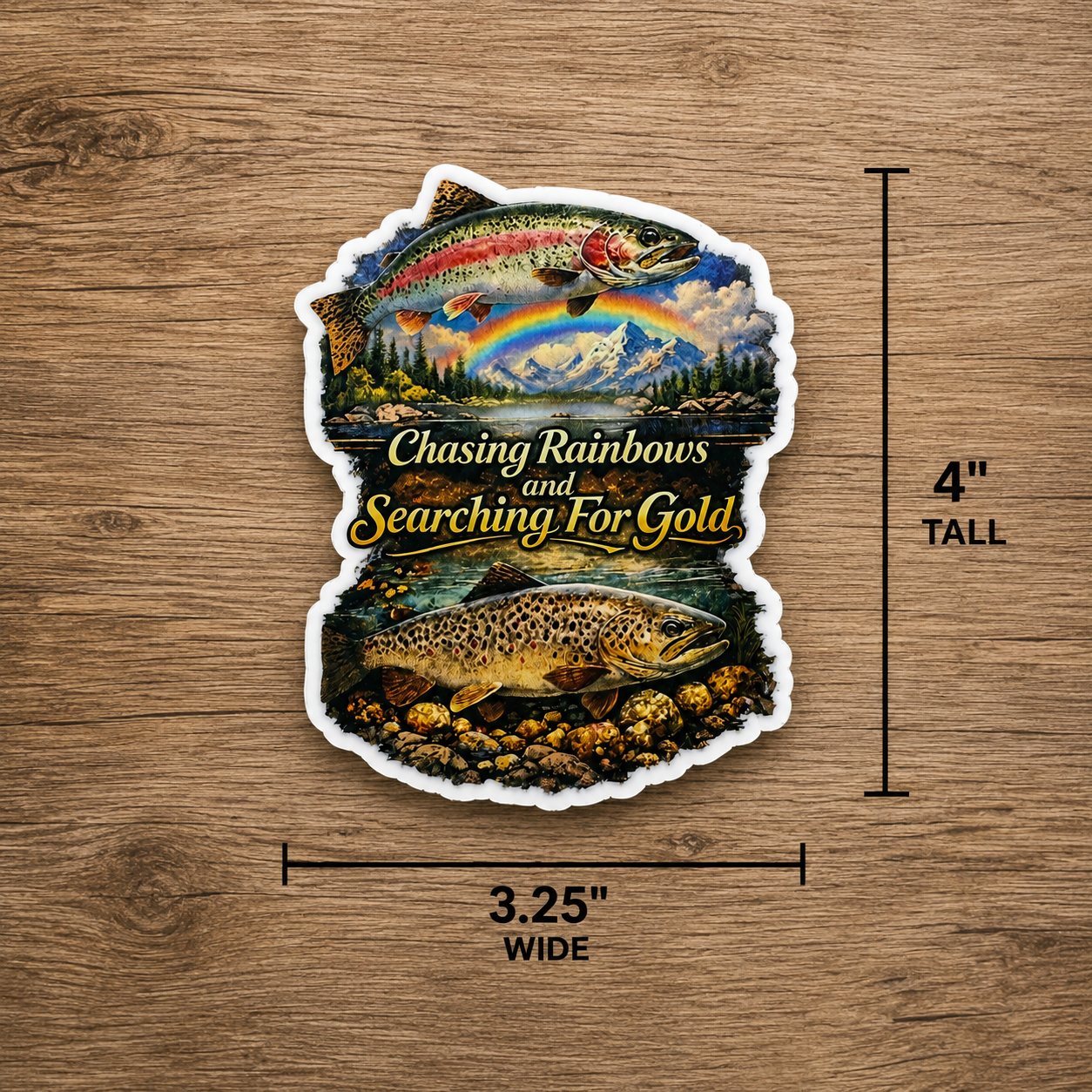 Fishing Waterproof/Vinyl Decal 4" Chasing Rainbows and Searching for Gold Fish Sticker