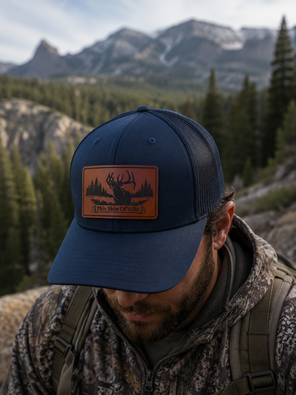 Bull Elk Trucker Hat "This Side of Wild" Elk Leather Patch Cap