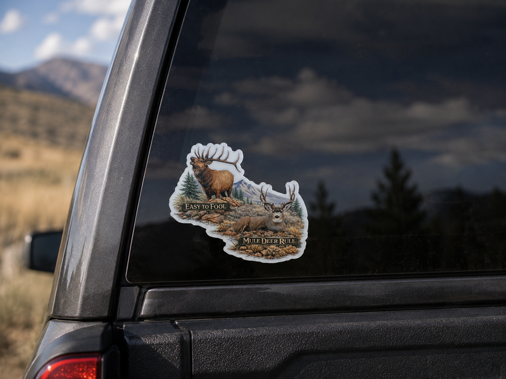 Elk and Mule Deer Waterproof/Vinyl Decal 4" Easy to fool, Mule Deer Rule Sticker