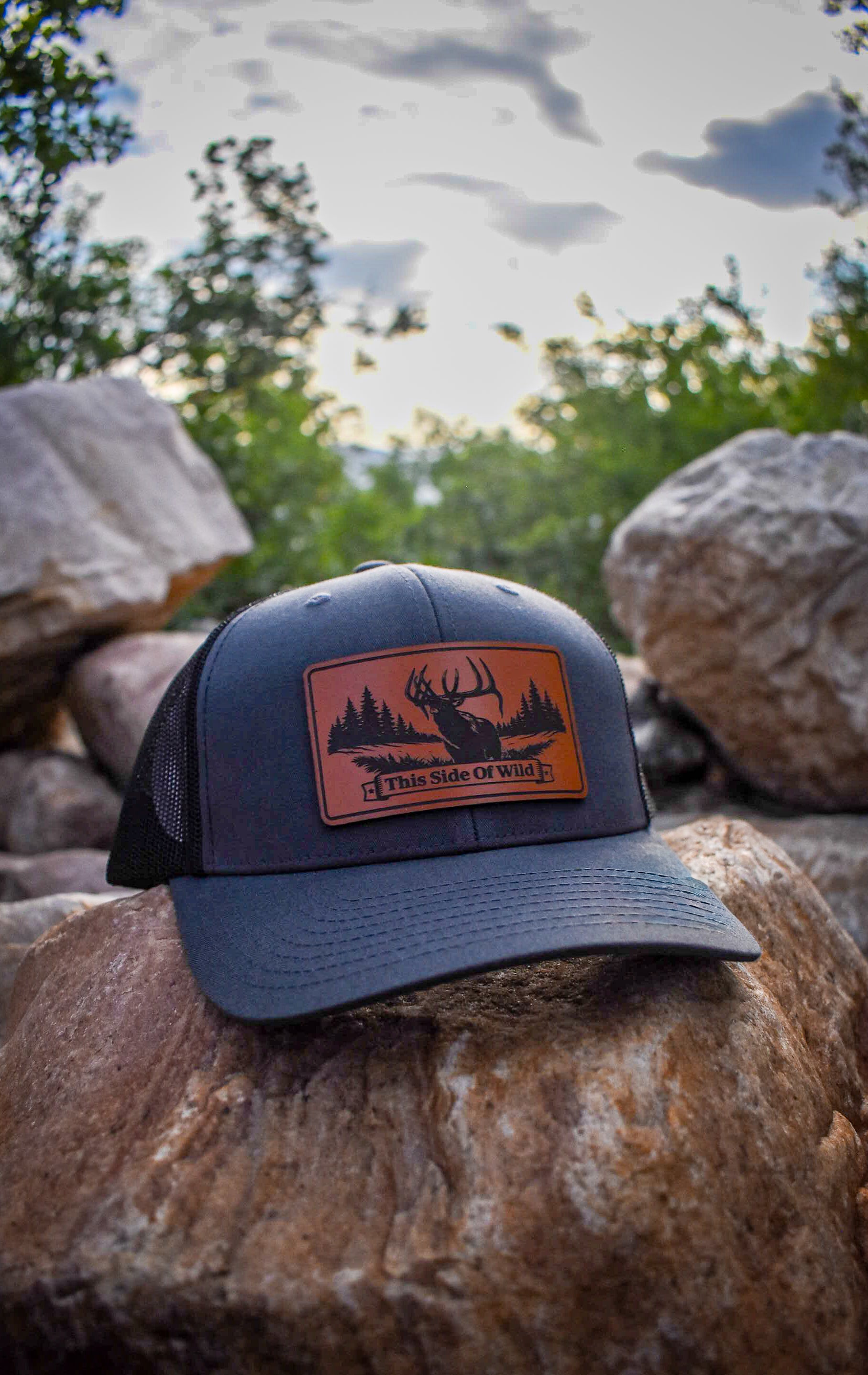 Bull Elk Trucker Hat "This Side of Wild" Elk Leather Patch Cap