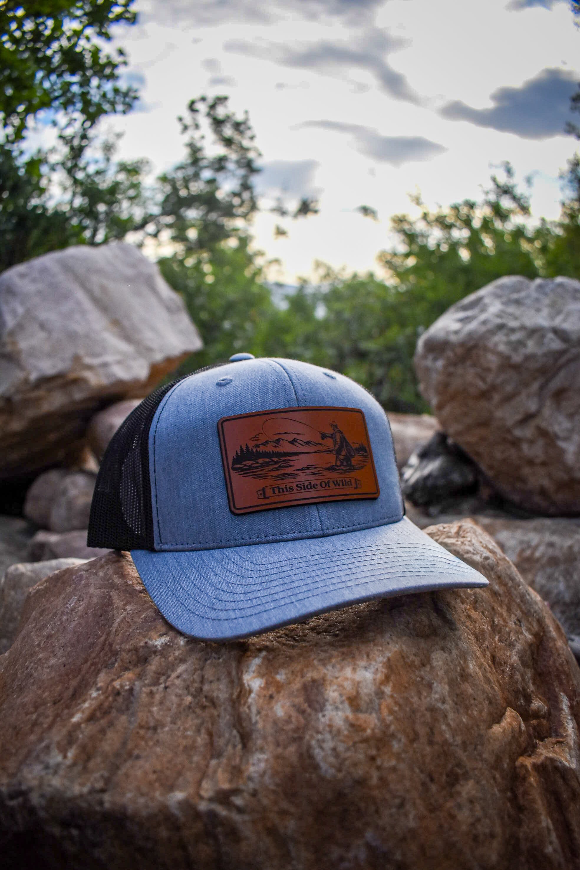 Fly Fishing Trucker Hat "This Side of Wild" Fly Fishing Leather Patch Cap