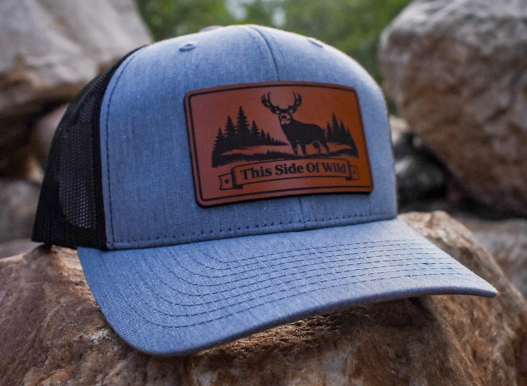 Mule Deer Trucker Hat "This Side of Wild" Mule Deer Leather Patch Cap
