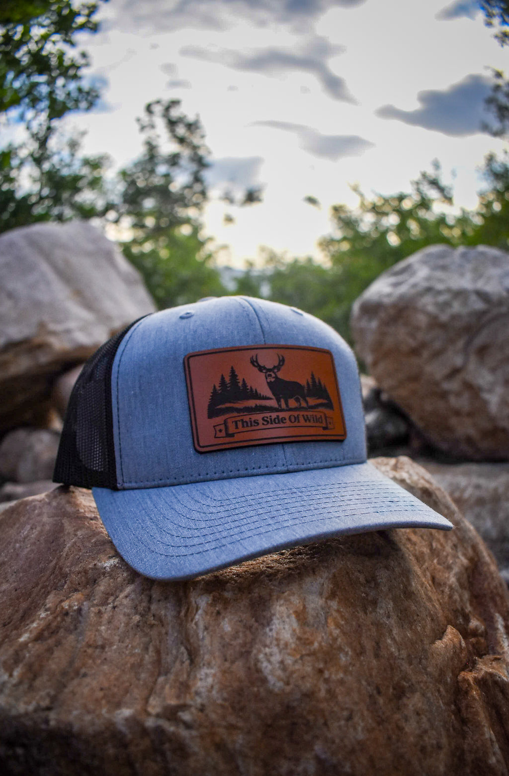 Mule Deer Trucker Hat "This Side of Wild" Mule Deer Leather Patch Cap